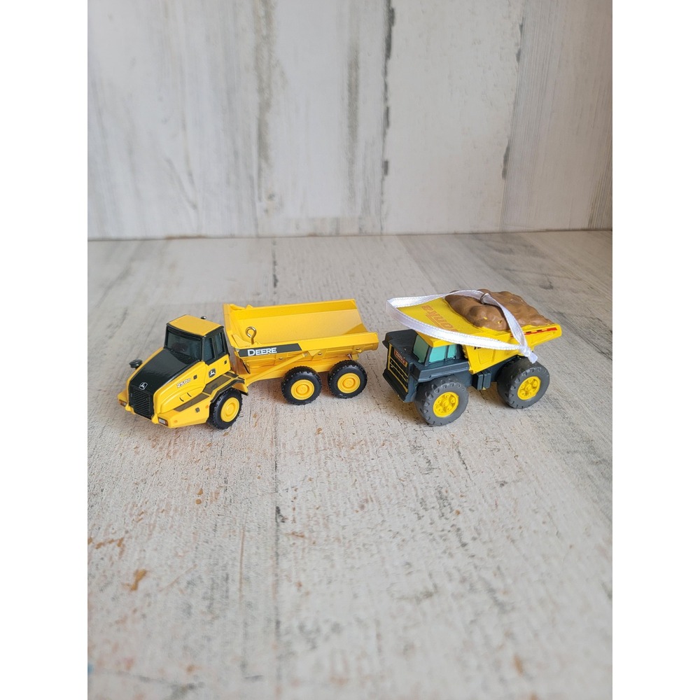 Tonka deere yellow dump truck car ornament Xmas set construction